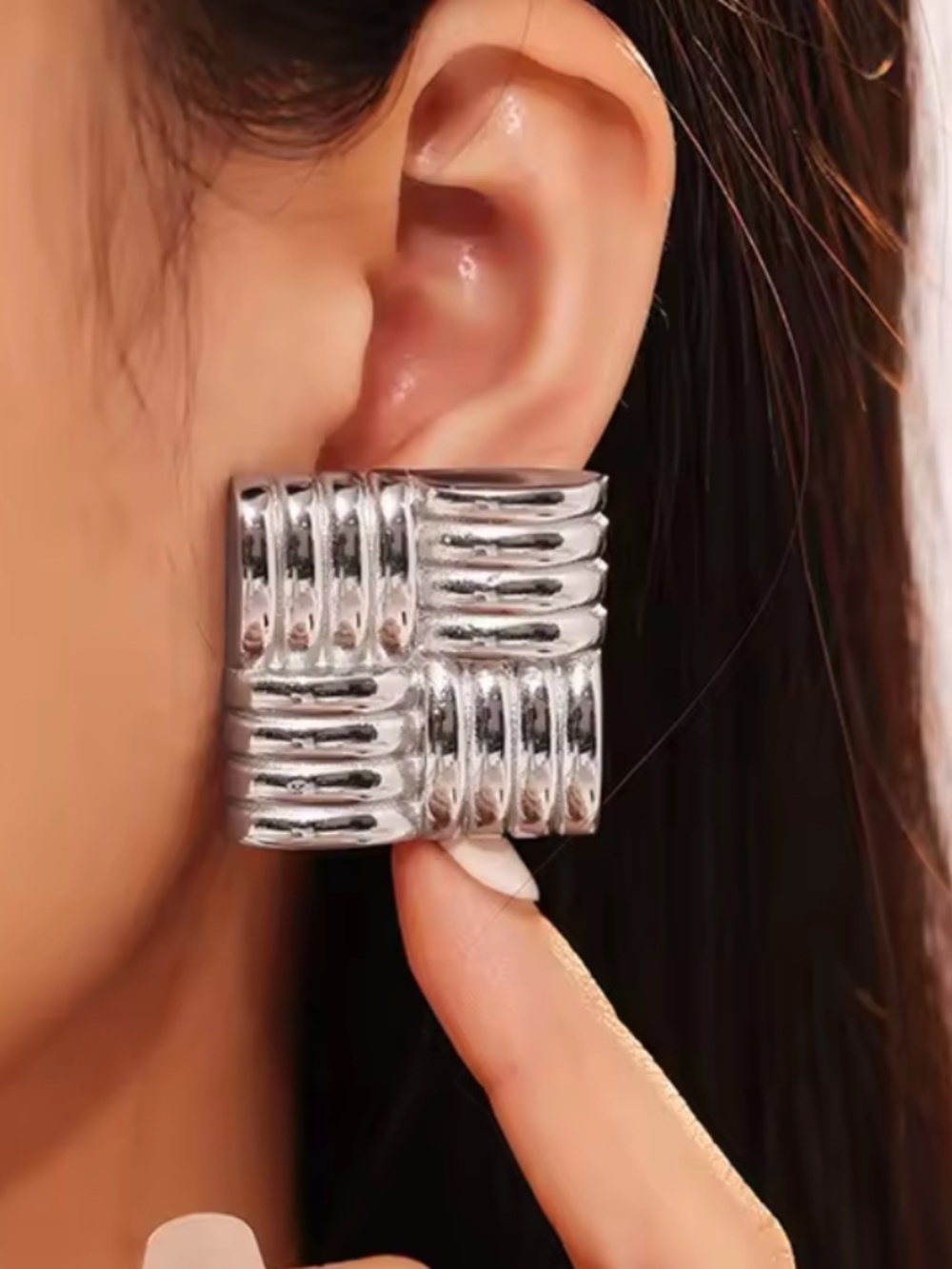 Vintage Silver Color Square Texture Stud Earrings